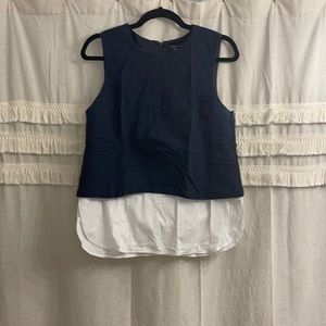 Theory sleeveless navy tunic with attached blouse, size medium